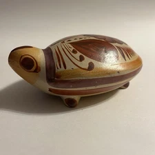 Vintage Tonala Mexican Pottery Turtle Burnished Floral Folk Art 5.75" Figurine