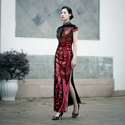 Luxurious Chinese Red & Gold Sequin Long Dress Cheongsam Qipao - Picture 1 of 10