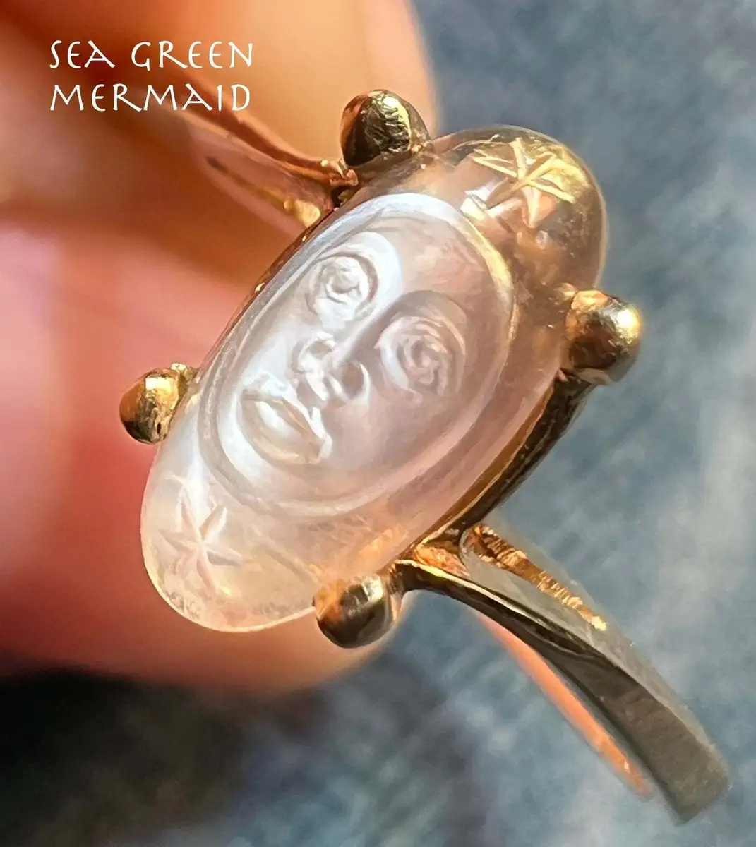 14k Gold Carved Moonstone Man in the Moon Ring w Stars. Tiny **Video**
