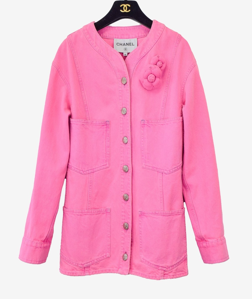 CHANEL Denim Long Jacket 36 4 Neon Pink Button Pocket