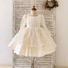 Exquisite Flower Girl Dress Long Sleeve Sequin Satin Baby Birthday Party Gowns