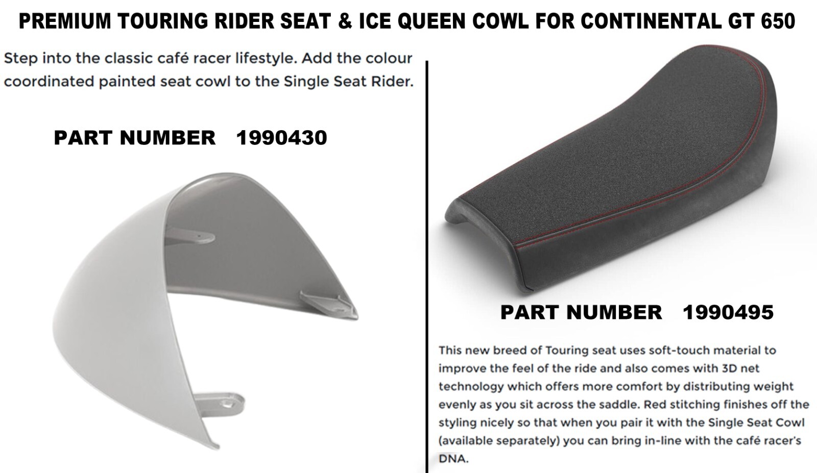 PREMIUM TOURING RIDER SEAT & ICE QUEEN COWL FIT FOR R.E CONTINENTAL GT 650