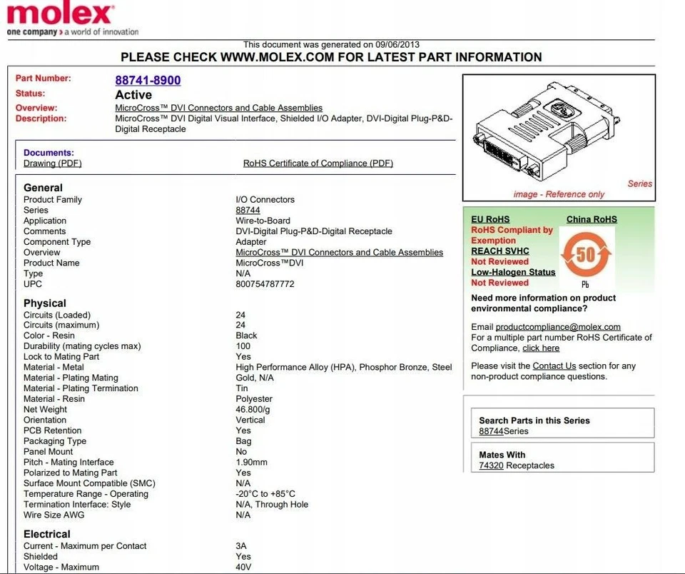 [QTY = 1pcs] 0887418900 MOLEX DVI-D(M) TO P&D-D(F) ADAPTER 088741-8900 - Image 3 of 4