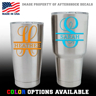 AFTERSHOCK DECALS Split Initial Fancy Vine Monogram Name Decal for YETI Rambler RTIC Cup Sticker