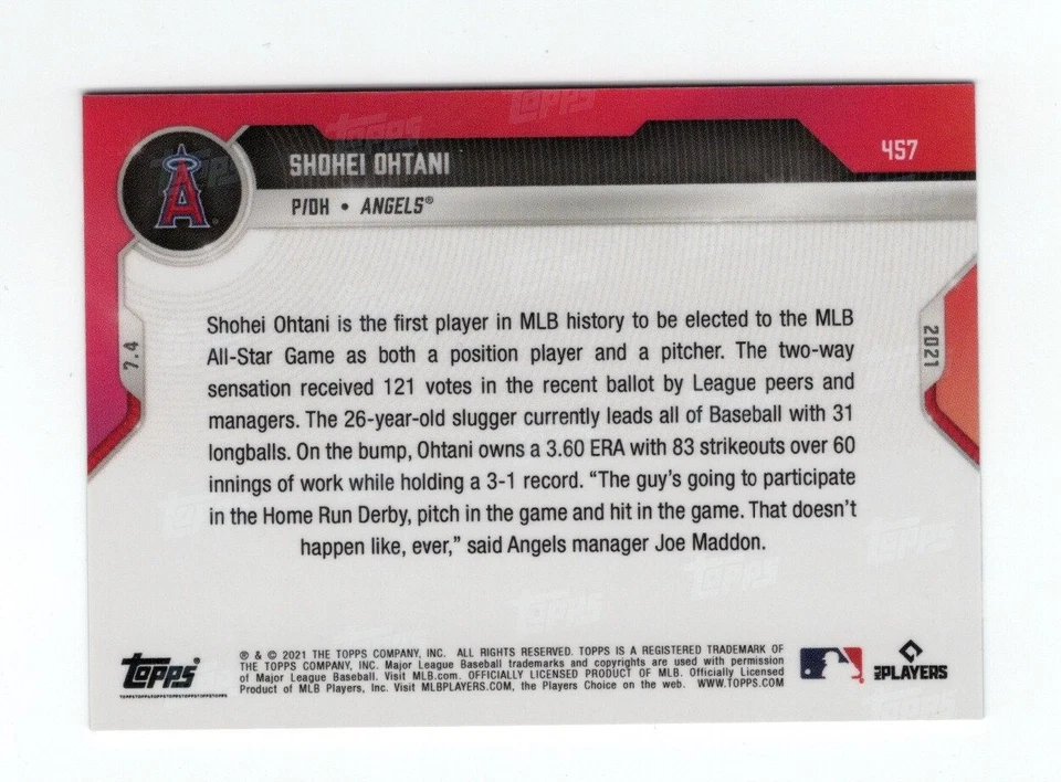 SHOHEI OHTANI 2021 TOPPS NOW BASEBALL 457 PRINT RUN = 12,557 LOS ANGELES ANGELS - Image 2 of 2