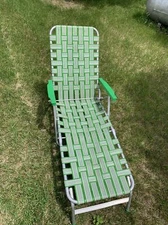 Vintage Aluminum Webbed Folding Chaise Lounge Lawn Chair Green Beach Pool