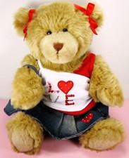 15" Build A Bear Love Valentine Girl Teddy Bear Denim Skirt Heart Long Honey Fur