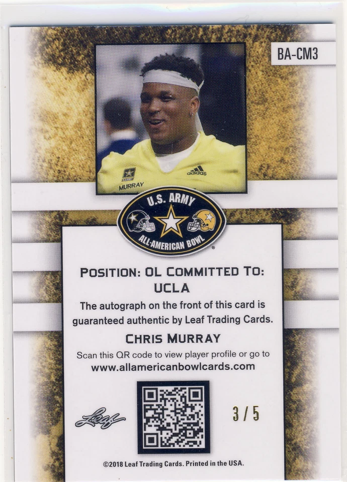CHRIS MURRAY 2018 Leaf Metal US Army All American Black Flag /5 AUTO OKLAHOMA - Image 2 of 2