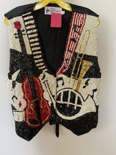 Vintage 90s Jc 001 Musical Instrument Notes Sequin Holiday Party Vest Size 42