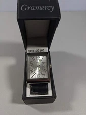 Gramercy Silver Tone Rectangle Case Black Faux Leather Band Watch