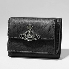 Vivienne Westwood Black Tri-fold Wallet Silver Hardware 5115002UW L001N New
