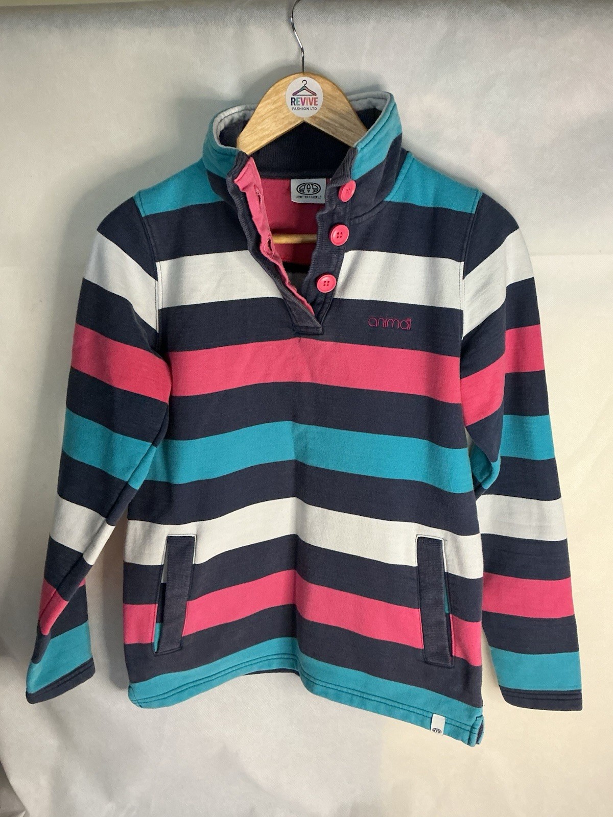 Animal Ladies Button Up Top Striped Jumper Blue White Pink Size 8 UK Button Warm
