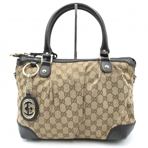 GUCCI Sukey GG Canvas 2Way Handbag Beige Black Leather Charm