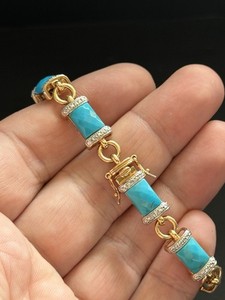Authentic Sterling Silver 925 Gold plated FInish faceted Turquoise Link Braceet 7.25"