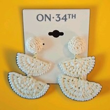 On 34th Woven Raffia and Seed Bead Dangle Earrings White Multi New Christmas Gif