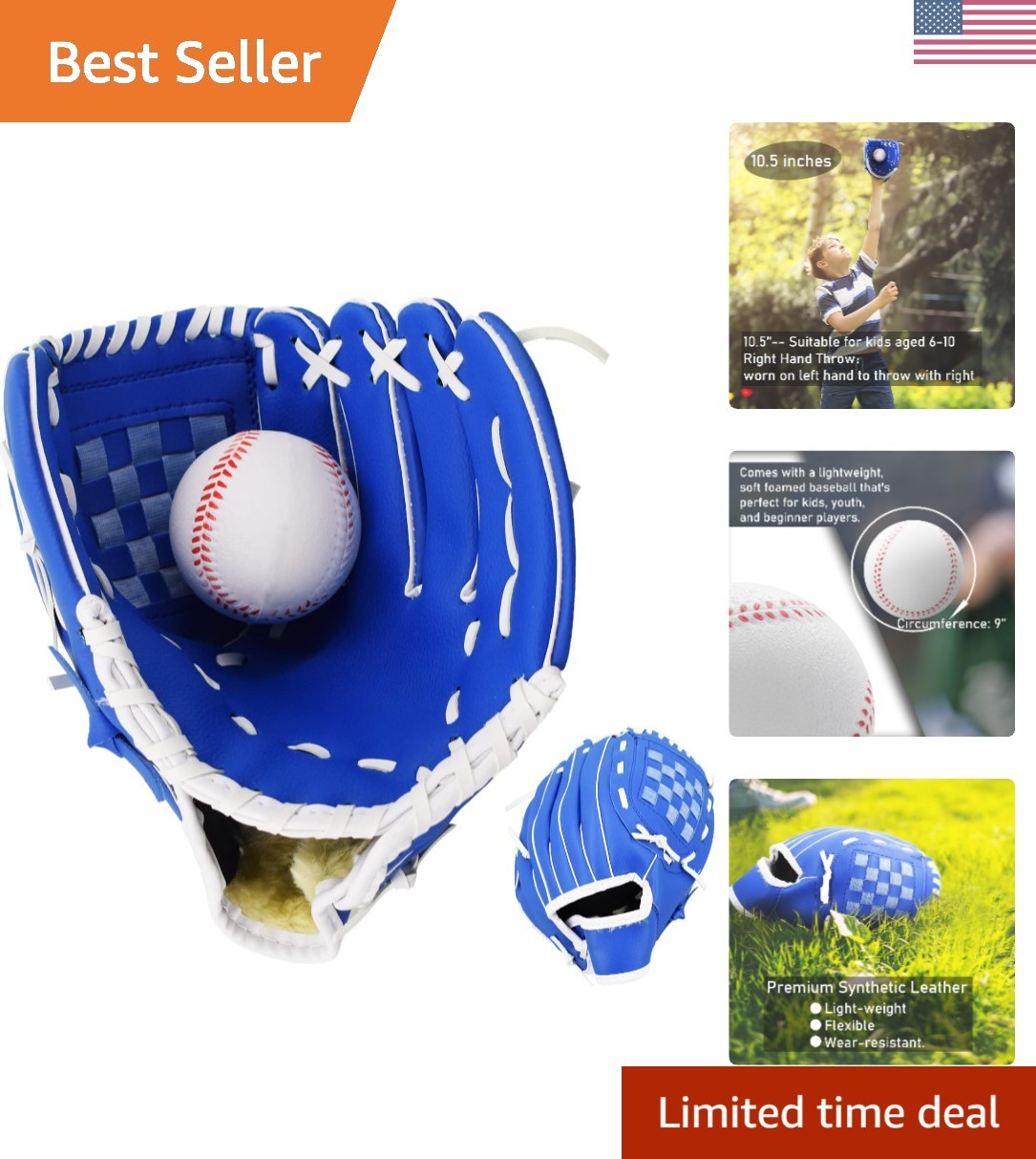 Soft Faux Leather 10.5'' Baseball Mitt for Kids - Snag-Free 
