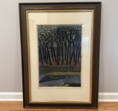 1962 Tamami Shima April Forest Japanese Woodblock Print 45/50 Framed
