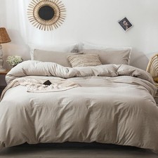 Beige Cotton Duvet Cover And 2 Pillowcases Softened Boho Farmhouse Bedding Set.