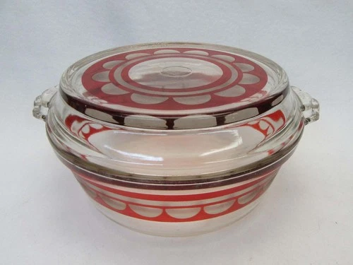 Rare Pyrex Ruby Red & Clear Etched Half Moon Pattern Round Casserole Dish