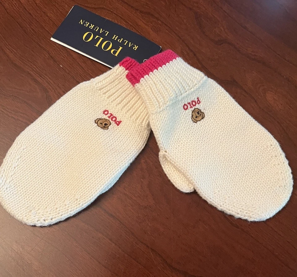 全新带标签 女孩 RALPH LAUREN POLO BEAR 尺寸 2T-4T MITTENS — 第 2/4 张图片