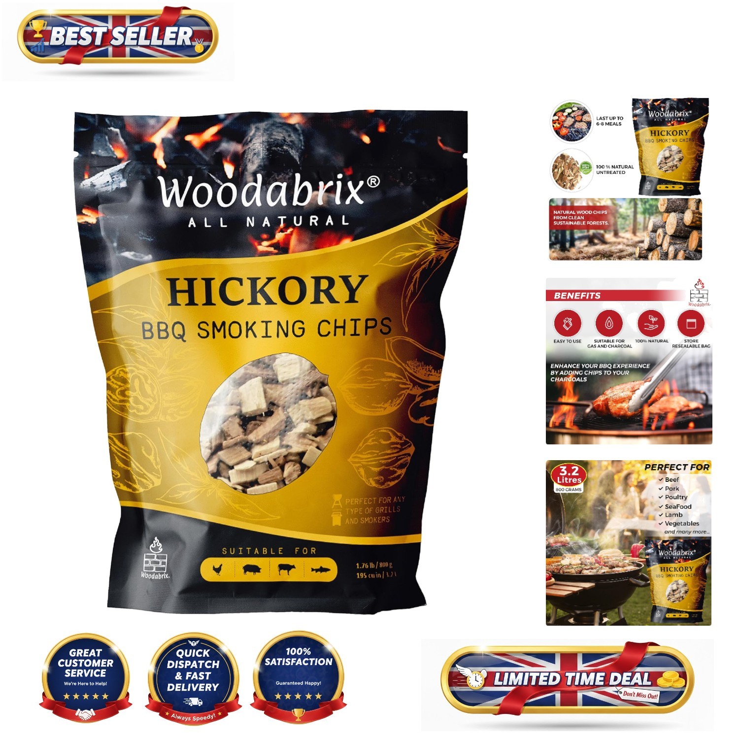 Versatile Hickory Wood Chips 800g for BBQ Smoker - Authentic Flavor & Safety