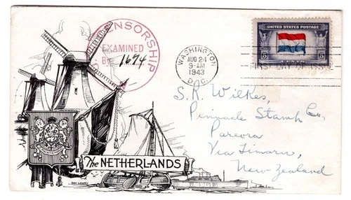 #913 Netherlands 1943 FDC Overrun Nations New Zealand Censored Lowry Aristocrats