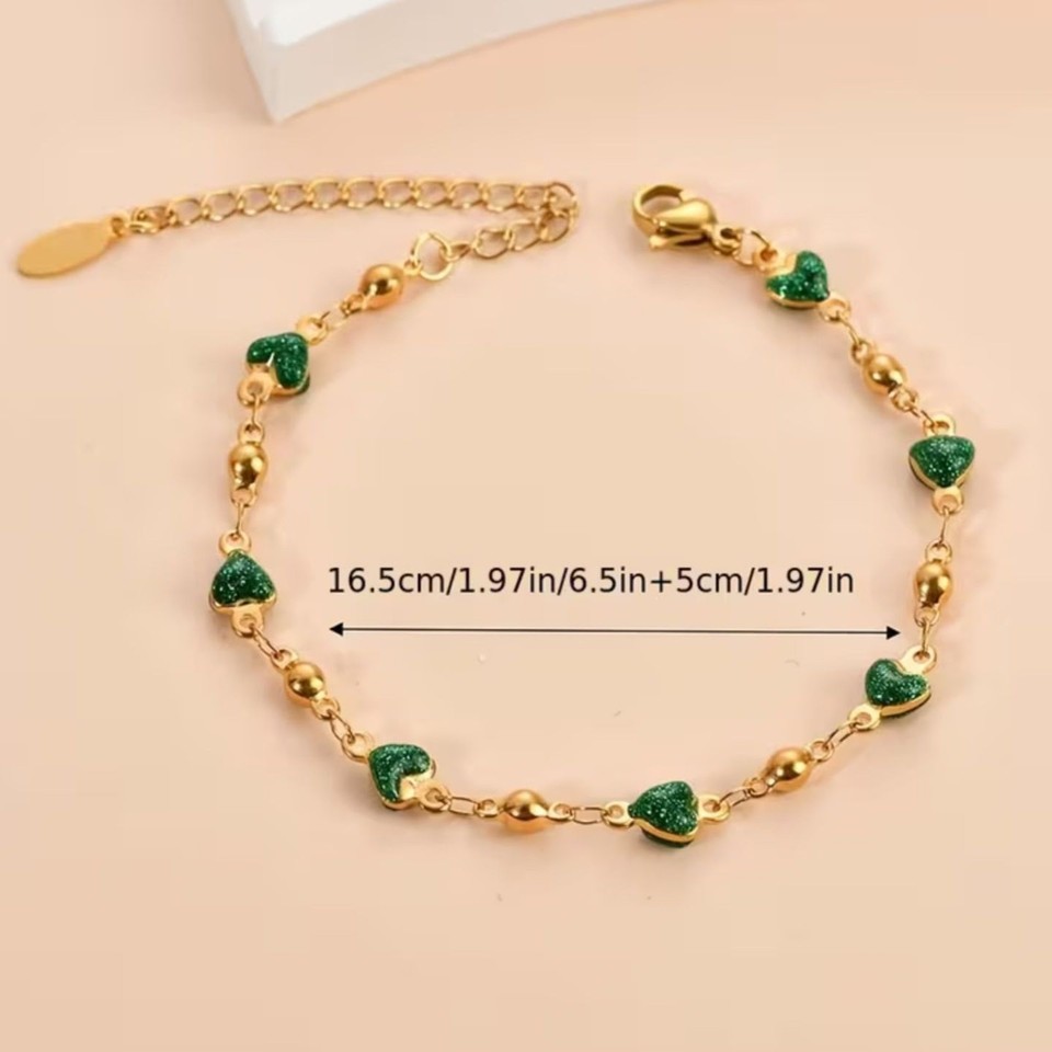 18K Gold Plated Stainless Pink Heart Beaded Bracelet Dainty Crystal ...