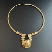 Vintage 80s 90s Monet Signed Omega Necklace Gold Tone Choker Cleopatra Bib
