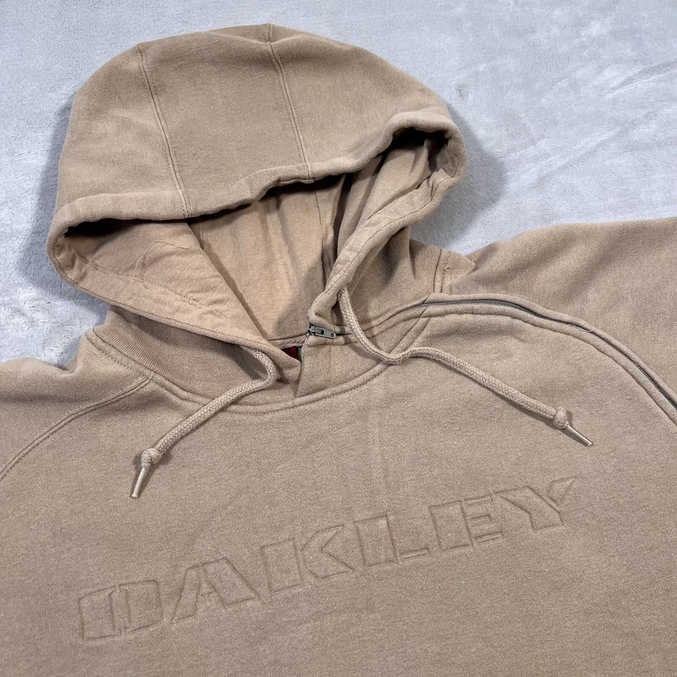 Suéter Y2K Oakley Para Hombre Talla Grande Beige Marrón Sudadera con Capucha Cremallera Lateral RARO Foto 2 de 4