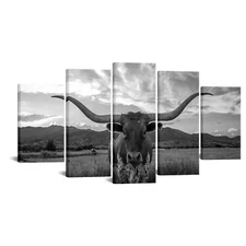 KREATIVE ARTS 5 Piece Texas Animal Canvas Wall Art Longhorn Black & White Can...