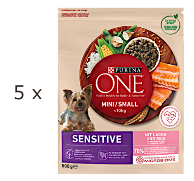 5 x 800 g Purina ONE Mini Small Sensitive (  8,03 kg) mit Lachs + Reis, trocken