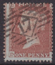 Product Image: 1855 1d RED BROWN LARGE CROWN P14 BLUE PAPER C6 PLATE 11 " D - L "  NICE USED