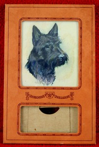Antique Faux Leather Paper & Glass Desk Calendar Holder with Scottish Terrier