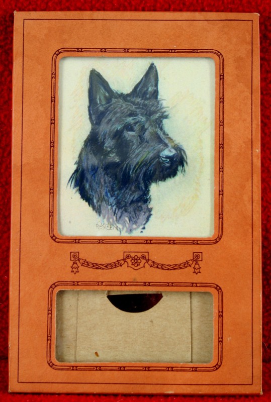 Antique Faux Leather Paper & Glass Desk Calendar Holder with Scottish Terrier
