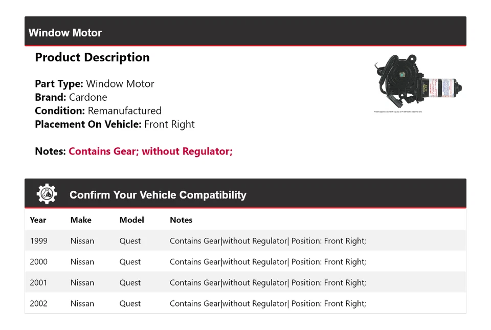 Motor ventana delantera derecha cardone 2000 2001 para Nissan Quest 1999-2002 Foto 2 de 4