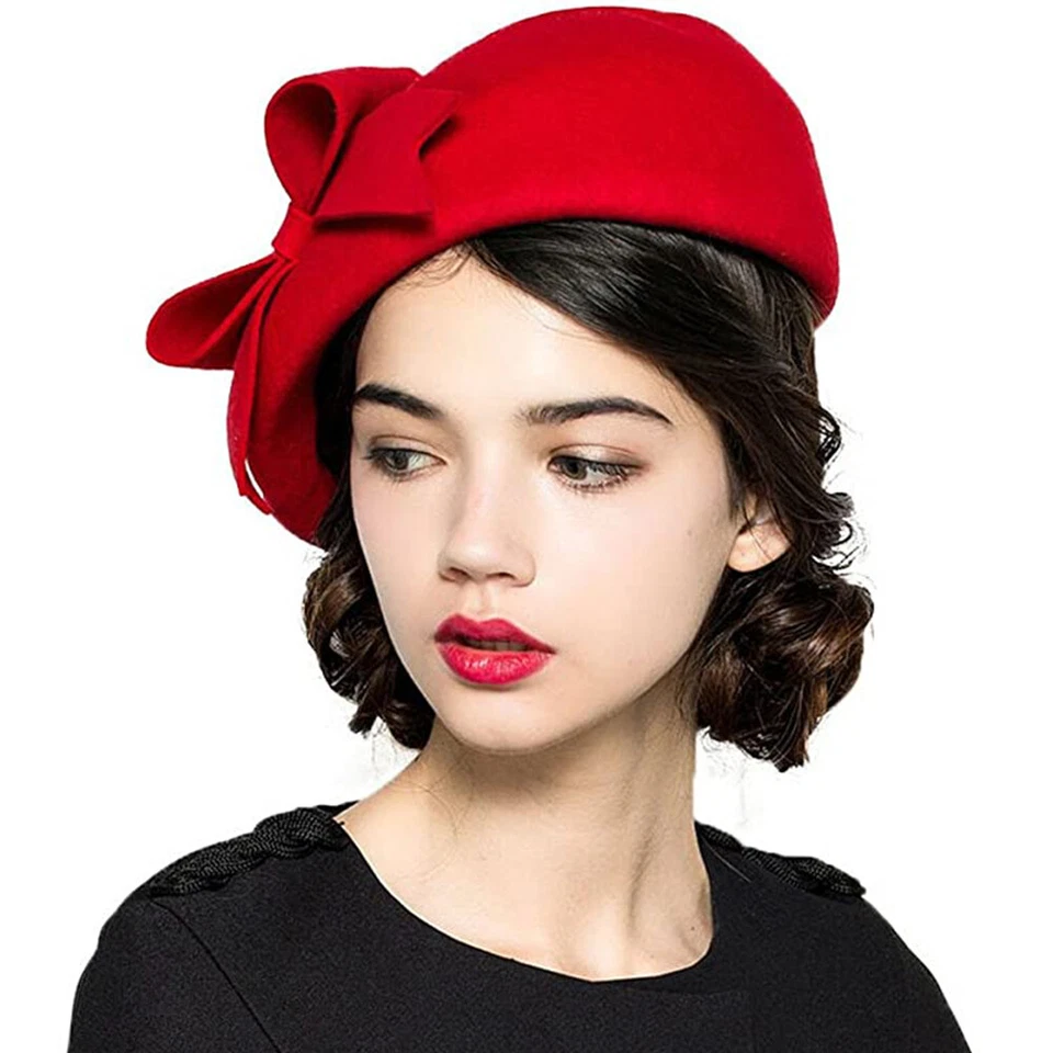 Sombreros de boda 100 % lana fieltro mujer boina francesa gorras sombrero fedora fascinador rojo Foto 2 de 4