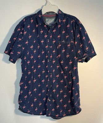 Good Vibes Slim Fit Short Sleeve Button-Up Shirt Navy Flamingo SZ L 100% Cotton