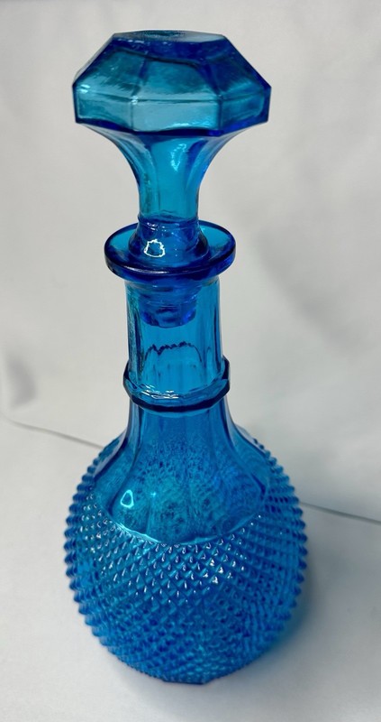 Vintage Empoli Turquoise Blue Diamond Point Cut Glass Decanter Made In Italy