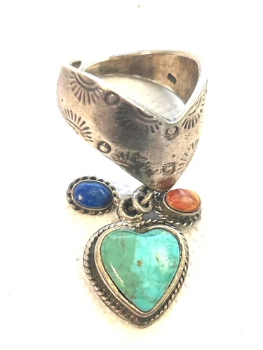 Vtg NAVAJO STERLING SILVER LAPIS SPINY OYSTER TURQUOISE CHARM ADJUSTABLE RING