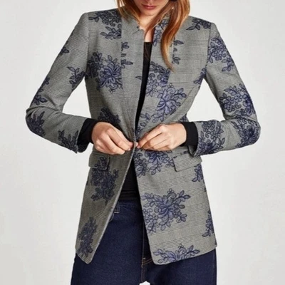 Zara Collection Plaid Blazer Floral Embroidery XS romantic academia Preppy* - Image 1 of 4