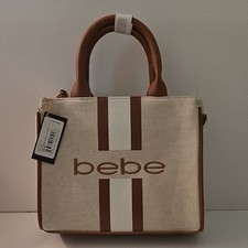 bebe Beige Brown Stripe Logo Satchel Top Handle Detachable Strap