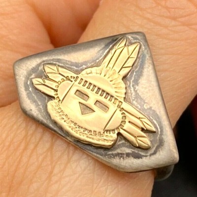 Vintage Southwestern Kachina Stampwork 14K Gold Sterling Silver Ring Size 9.5