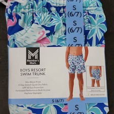 Member's Mark Boys Swim Trunks S 6/7 Blue Flamingo Palm UPF 50 Quick Dry