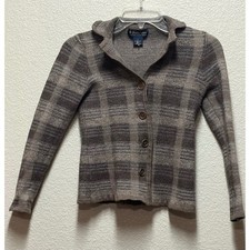 Brooks Brothers Kids Brown Plaid Merino 100 Wool Button Cardigan Sweater Size S