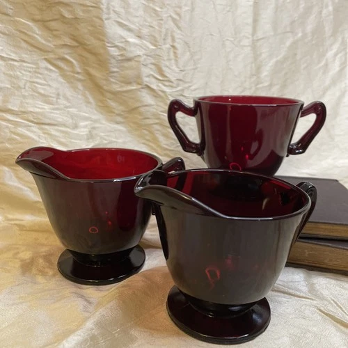 Vintage Anchor Hocking Royal Ruby Red Glass Footed Sugar and Creamer Set of 3!