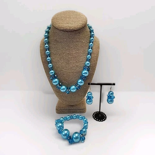 19" Blue Faux Pearl & Clear Blue Beaded Necklace Stretch Bracelet Earrings Set - Picture 1 of 17