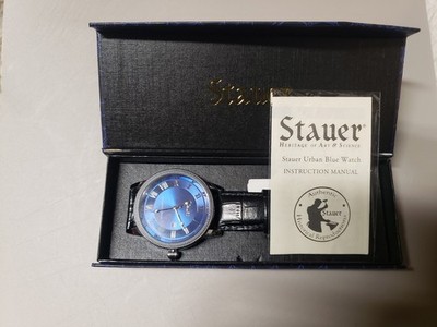 Stauer Mens Watch 44mm Urban Blue Dial Black Leather 28997 New in Box