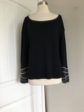 ST. JOHN EVENING SANTANA KNIT BEADED CUFFS NECKLINE BLACK TOP SIZE L MADE IN USA