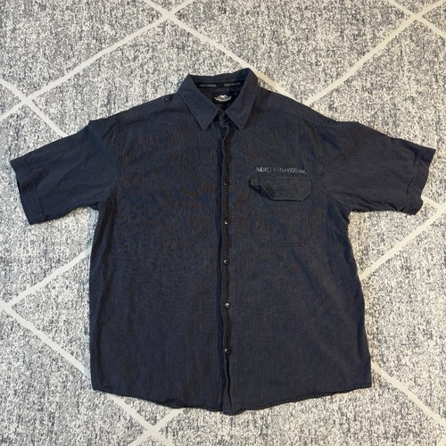 Vintage Harley Davidson Black Pinstripe Button Down Back Logo Short Sleeve XL - Picture 2 of 17