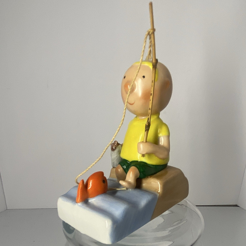 Aldon 1981 Hand Painted Ceramic Boy Fishing Figurine Signed Joan Berg Victor